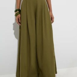 LOV by Westside Olive Wide-Leg High-Rise Cotton-Blend Pants-image-56