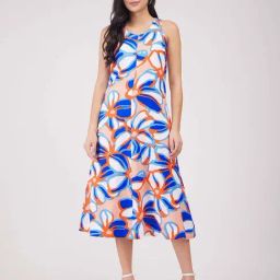 Fablestreet Blue & Peach Printed A-Line Dress-image-84