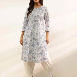 Fabindia White & Blue Cotton Slim Fit Floral Print Kurtas-image-36