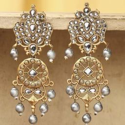 OOMPH Kundan Ethnic Long Matte Gold and Silver Tone Floral Design Dangler Earrings-20