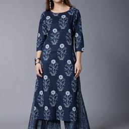 Vishudh Women Navy Blue Printed Kurta with Palazzos-picture-2