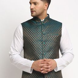 TREEMODA Men Green & Gold Coloured Embellished Woven Nehru Jacket-23