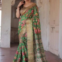 MIRCHI FASHION Green Floral Print Saree With Unstitched Blouse-image-88
