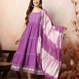 Stylum Purple Cotton Embroidered A Line Kurta With Dupatta-image-95