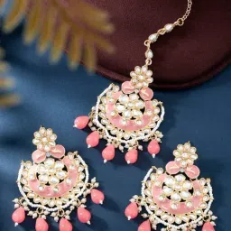 Peora Peach Ethnic Beads & Kundan Studded Earring & Maangtikka Sets-image-1