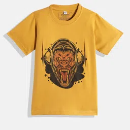 BRATMA Kids Mustard Yellow & Brown Dj Gorila Printed Cotton T-shirt-image-35