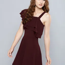 Veni Vidi Vici Women Burgundy Solid One-Shoulder Fit and Flare Dress-image-13