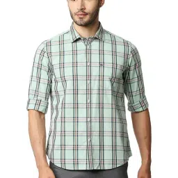 Basics Smoke Green Cotton Slim Fit Checks Shirt-image-25