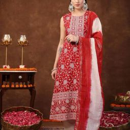 Stylum Red Embroidered A Line Kurta With Dupatta-picture-0