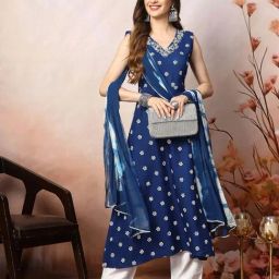 Stylum Blue Embroidered A Line Kurta With Dupatta-25