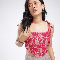 glitchez Floral Woven Design Shoulder Tie-Ups Corset Detail Fusion Crop Top-13