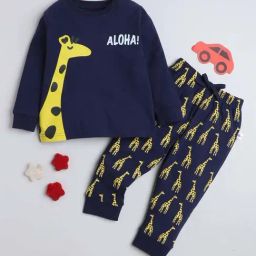 Bumzee Kids Navy & Yellow Cotton Printed Full Sleeves T-Shirt Set-image-44