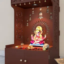 homscape Shri Ganesh Wooden Brown Pooja Mandir With Spacious Shelf & Inbuilt Focus Light image 5