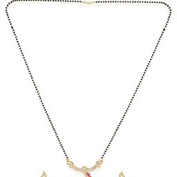 ANIKAS CREATION Black & Pink Gold-Plated AD-Studded Beaded Mangalsutra & Earrings-image-0