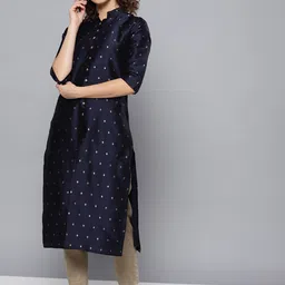 STREET 9 Women Navy Blue & Brown Self Design Kurta with Trousers-picture-10