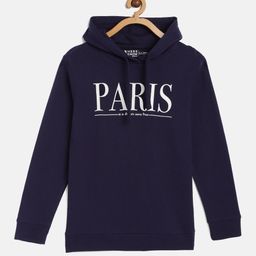 HERE&NOW Girls Navy Blue Printed Hooded Pure Cotton Sweatshirt-image-67