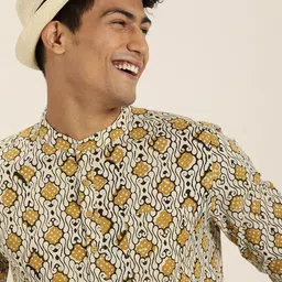 Taavi Men Off White & Brown Bagru Hand Block Printed Pure Cotton Straight Kurta-88
