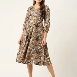 JAINISH Animal Print Puff Sleeves Crepe Midi Dress-picture-52