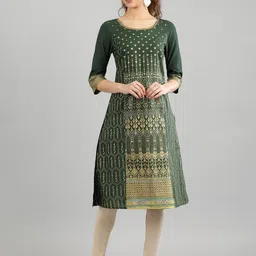 Aurelia Women Green & Gold-Coloured Floral Printed Cotton A-Line Kurta-image-47