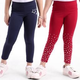 Honeyhap Premium Cotton Elastane Full Length Legging with Bio Finish Star Print Pack of 2 - Maroon & Navy Blue-image-20