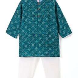 Babyhug 100% Cotton Woven Full Sleeves Polka Dot  Printed Kurta Pyjama Set - Teal Blue-image-75