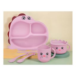 Elecart Eco-Friendly Dinosaur Design Bamboo Fiber Kids Dinner Set  with Cutlery Bowl & Cup  - Color May Vary-24