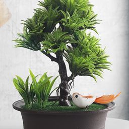 Foliyaj Artificial 3 Branched Bonsai Tree in Brown Oval Pot with Bird and Bushes-11