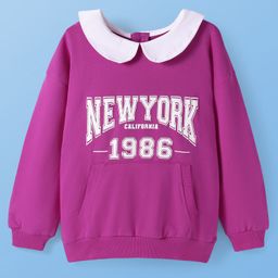 Pine Kids Cotton Knit Full Sleeves Text Printed Sweatshirt With Peter Pan Collar & Kangaroo Pockets - Purple-image-78