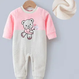 Kookie Kids Full Sleeves Winter Wear Romper with Bear Embroidery - Pink & White-picture-8