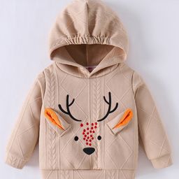 Kookie Kids Full Sleeves Hooded Sweatshirt With Reindeer Applique & Cable Knit Design - Tan-image-39