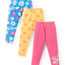 Babyhug Cotton Lycra Knit Full Length Stretchable Leggings with Floral & Heart Print Pack of 3 - Multicolour-image-89