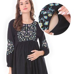 Bella Mama Woven Three Fourth Sleeves Maternity Top with Embroidered Yoke - Black-image-75
