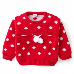 Babyhug Knitted Full Sleeves Pullover Sweater With Polka Dot Design & Pom Pom Applique - Red-image-48