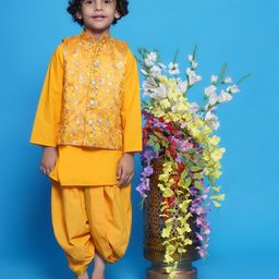 Little Bansi Cotton Solid Coordinating Kurta Dhoti With Full Sleeves Sequin Embellished & Floral Embroidered Jacket - Yellow-image-28