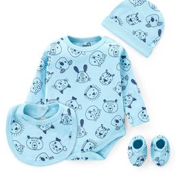 Doodle Poodle Cotton Interlock Knit Full Sleeves Onesie With Bib Cap & Booties Animals Printed - Atomizer Blue-16