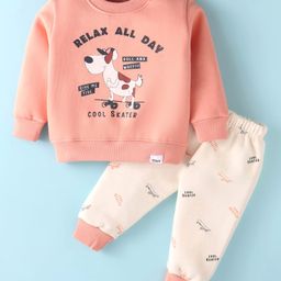 Teddy Fleece Knit Full Sleeves Winter Wear T-Shirt & Lounge Pant Set With Dog & Text Print - Light Brown-picture-22