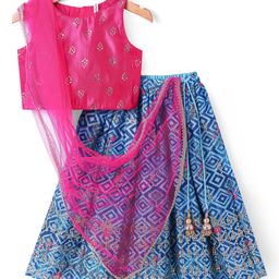 Babyhug Woven Sleeveless Floral Foil Printed Choli Lehenga Set with Dupatta & Tassel Detailing - Pink & Blue-image-91