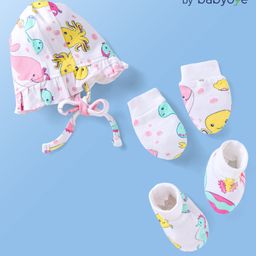 Babyoye Eco Conscious Interlock Cap Gloves and Mittens Set with Sea Life Print - Pink White-image-54