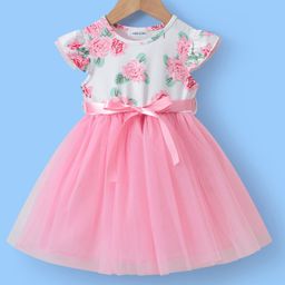 Mark & Mia Cap Sleeves Floral Printed with Ribbon Detailing Flared Party Frock - Pink-picture-28