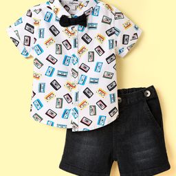 ToffyHouse Poplin Woven Half Sleeves Shirt & Shorts Set with Suspenders & Bow with Cassette Tape Print - White & Navy Blue-image-35