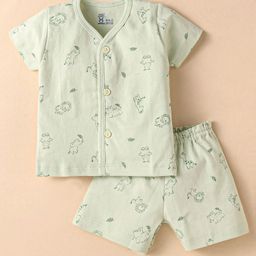 Pink Rabbit Single Jersey Knit Half Sleeves Shorts Night Suit with Animal Print - Light Green-image-5
