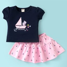 ToffyHouse Cotton Woven Half Sleeves Top & Skirt Set With Boat Print & Embroidery - Navy Blue-image-36