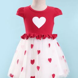 Mark & Mia Half Cap Sleeves Frock with Hearts Print & Frill Detailing - Red-image-54