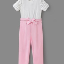 Mark & Mia Cotton Knit Half Sleeves Textured Jumpsuit - Pink & White-image-2