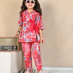 Superminis Cotton Full Sleeves Floral Printed Shirt Style Top With Coordinating Pant Set - Dark Pink-image-31