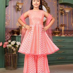 Aarika Georgette Sleeveless Leaves Printed Sequins & Beads Embellished Kurta Sharara With Dupatta Set - Pink-image-17