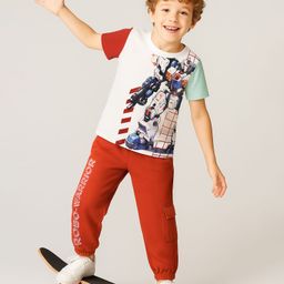 OLLINGTON ST. Cotton Half Sleeves Robo Printed T-Shirt & Knit Joggers Set - White & Rust-image-37