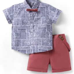 ToffyHouse Cotton Woven Half Sleeves Abstract Printed Shirt & Short Set With Bow & Suspender - Light Red-image-39