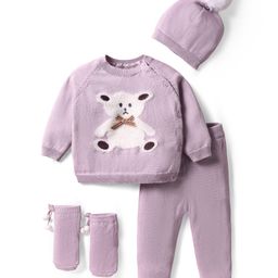 Yellow Apple Knit Full Raglan Sleeves Sweater Set with Bear Design Booties & Cap - Lilac-image-87