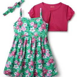 Babyhug Single Jersey Knit Frock & Half Sleeves Shrug With Floral Print & Headband - Green & Pink-picture-3